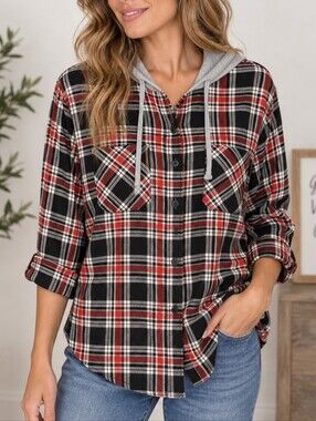 EDEN & OLIVIA Red & Black Plaid Hooded Button-Up Shirt – Large